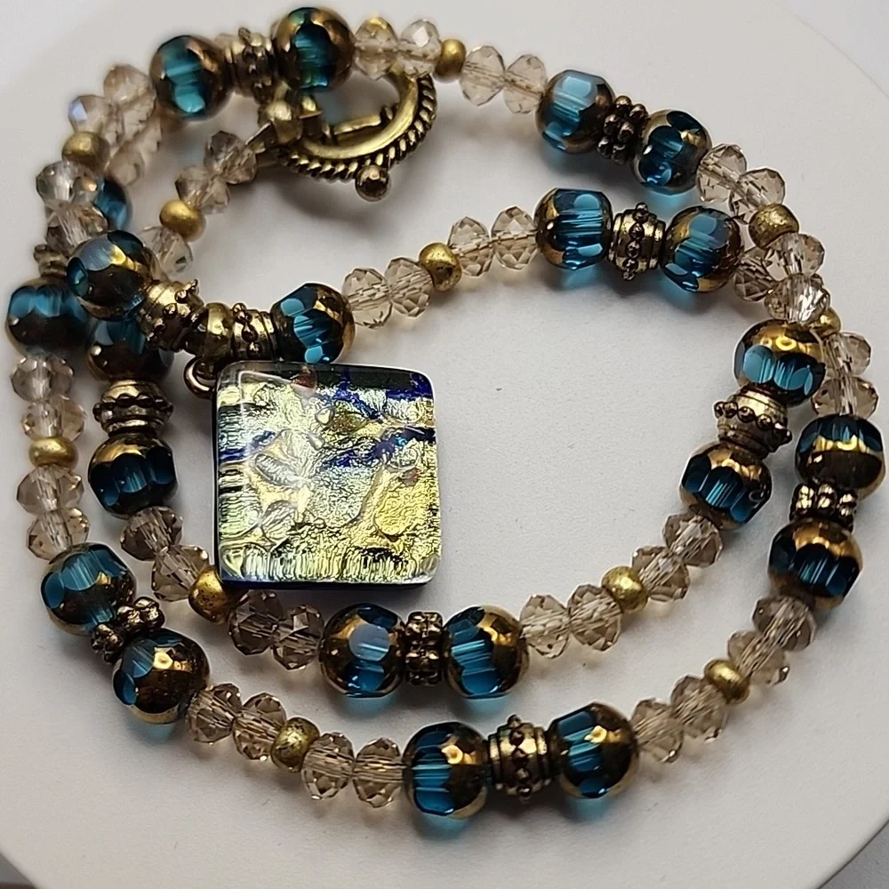 Elegant Gold and Blue Beaded Necklace‎ - Murano Glass